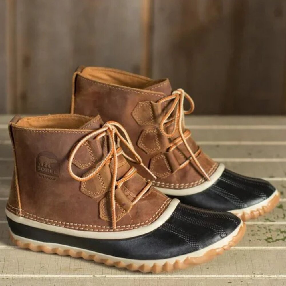 Sorel Women's Out N About Duck Rain Boots - Tan/Black Lace Up - Size 9
